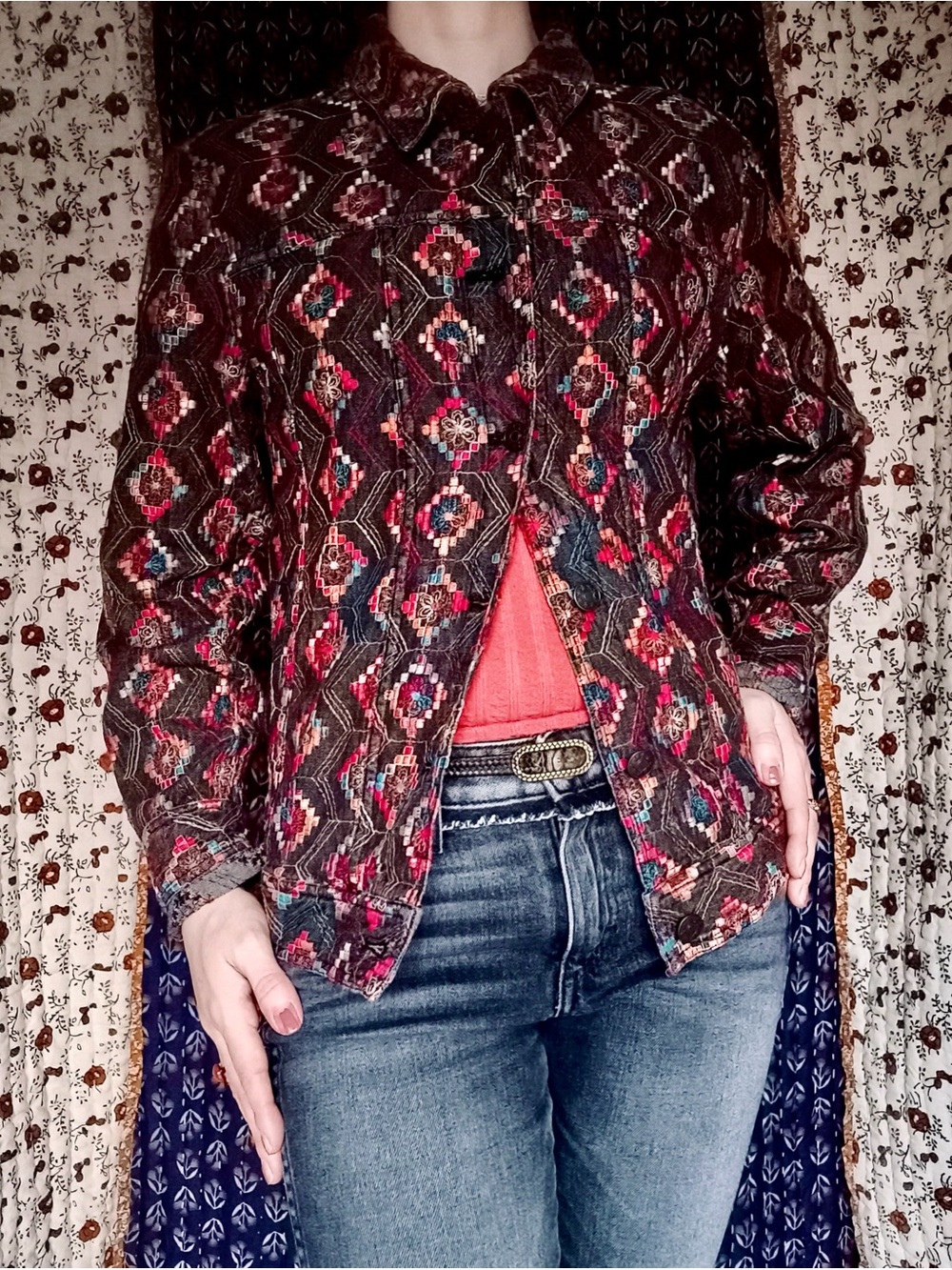 Vintage Y2K ❉ Coldwater Creek Embroidered Denim Jacket in Black Multi XS Small